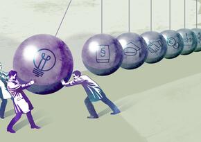 Illustration: Wissenschaftler stoßen ein Pendel an als Symbol für den Transferprozess von der Forschung in die Anwendung