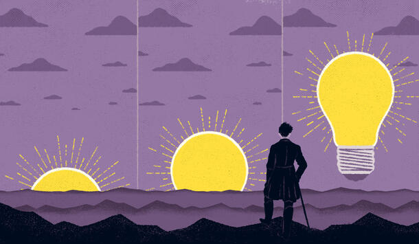 Illustration mit Glühbirne als aufgehender Sonne