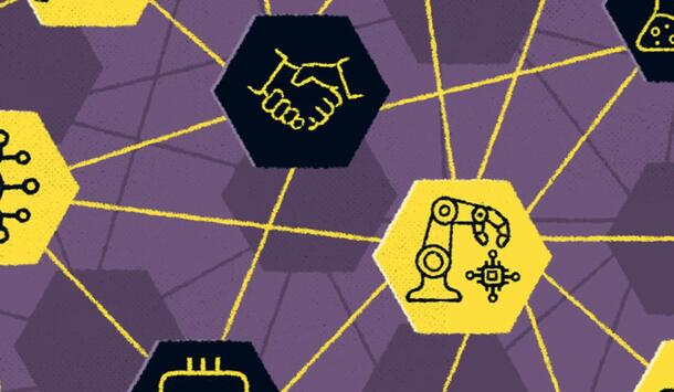 Die Illustration zeigt verschiedene Symbole, die für Innovation, Technik, KI und Unternehmertum stehen. Die Symbole stehen auf einer sechseckigen Fläche und sind mit einem Netz verbunden.