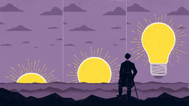 Illustration mit Glühbirne als aufgehender Sonne