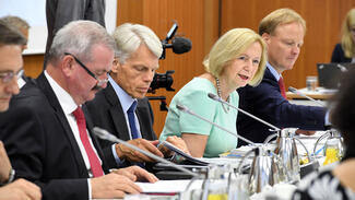 Bundesforschungsministerin Johanna Wanka auf der Sitzung des Hightech-Forums (Foto: David Ausserhofer)