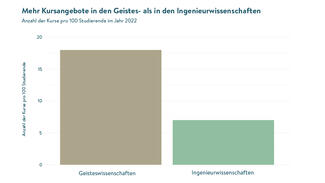 Während in den Ingenieurwissenschaften auf 100 Studierende rund 7 Lehrveranstaltungen kommen, sind es bei den Geisteswissenschaften 18. Faktor sind vermutlich auch mehr Vorlesungen und größere Studiengänge in den Ingenieurwissenschaften. (Grafik) Während in den Ingenieurwissenschaften auf 100 Studierende rund 7 Lehrveranstaltungen kommen, sind es bei den Geisteswissenschaften 18. Faktor sind vermutlich auch mehr Vorlesungen und größere Studiengänge in den Ingenieurwissenschaften. (Grafik)