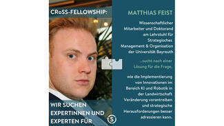 Matthias Feist arbeitet an einer Lösung für die Frage, wie die Implementierung von Innovationen im Bereich KI und Robotik in der Landwirtschaft Veränderung vorantreiben kann. Matthias Feist arbeitet an einer Lösung für die Frage, wie die Implementierung von Innovationen im Bereich KI und Robotik in der Landwirtschaft Veränderung vorantreiben kann.
