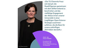 Testimonial von Prof. Dr. Anja Strobel, TU Chemnitz: "Die TU Chemnitz freut sich darauf, die Road2Openness gemeinsam mit dem Stifterverband zu beschreiten uznd das vielfältige Engagement der Akteurinnen und Akteure unserer Universität in einer tragfähigen Open-Science-Strategie zusammenzuführen, die die Basis für unsere zukünftigen Aktivitäten darstellt."